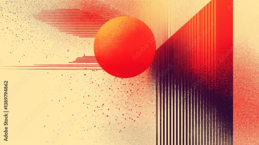 Poster abstract geometric design featuring a bold red sphere and dynamic lines in a vibrant color palette