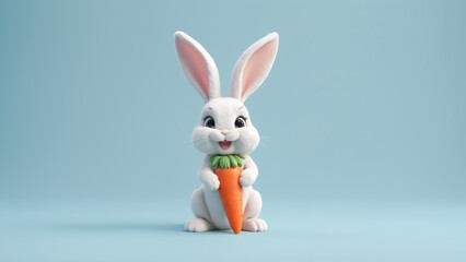 Obraz premium Cute Cartoon Rabbit Holding Carrot on Solid Color Background with Cheerful Expression
