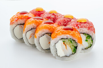traditional Japanese sushi rolls on a white background
