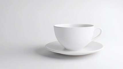 Elegant white ceramic teacup and saucer on a pristine white background