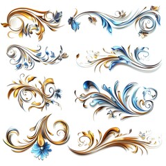 Fototapeta premium A set of gold and blue floral designs. The designs are all different sizes and shapes, but they all have a similar theme of flowers and leaves. The overall mood of the images is elegant