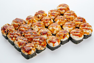 traditional Japanese sushi rolls on a white background
