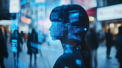 An AI powered real time translation system, wearable devices providing seamless communication between people speaking different languages, Tech style