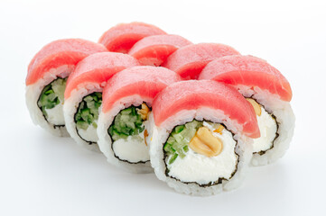 traditional Japanese sushi rolls on a white background
