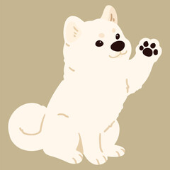 Simple and adorable flat colored white Akita Dog sitting and waving