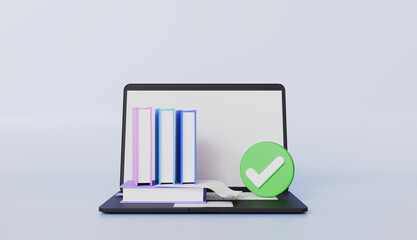 Online education stack of books on laptop distance education concept