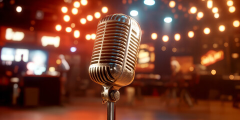 Close-Up of a Vintage Chrome Microphone on a Colorfully Lit Stage. AI generative.