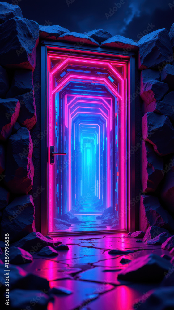 Poster cybersecurity door with a colorful tunnel leading to an unknown world.