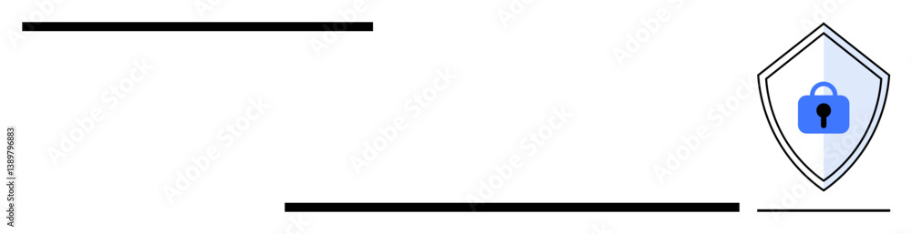 Poster blue padlock icon on a shield with horizontal lines, signifying protection and security. ideal for c