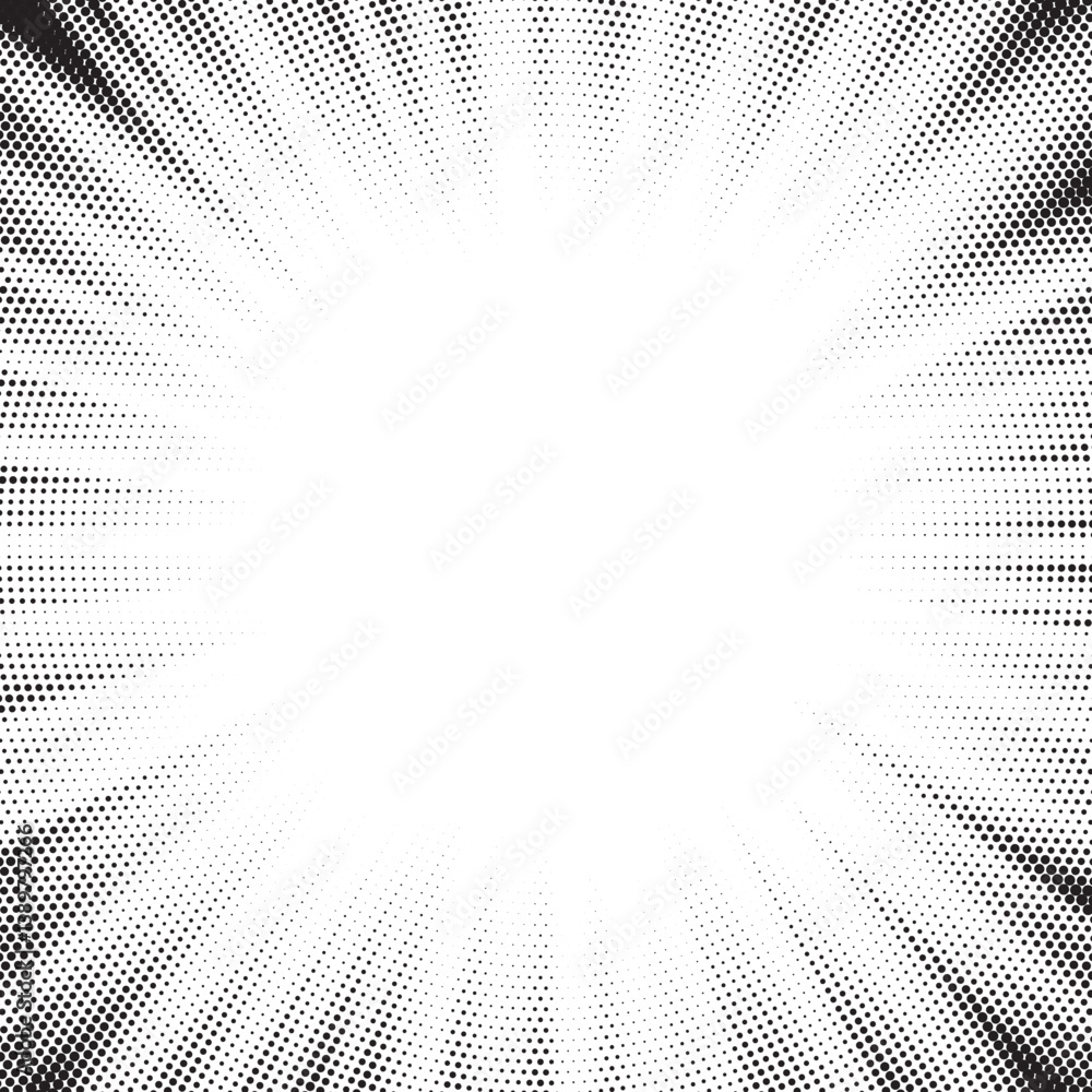 Fototapete Halftone gradient sun rays pattern. Abstract halftone vector dots background. monochrome dots pattern. Vector background in comic book style with sunburst rays and halftone. Retro pop art design.