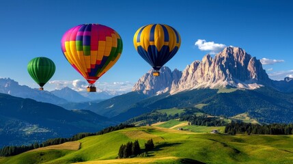 Fototapeta premium Colorful Hot Air Balloons Soaring Over Majestic Mountain Range