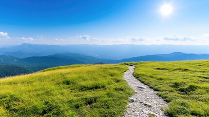 Mountain Trail Winding Path Bright Summer Landscape High Resolution Panoramic View Green Grass Journey Ahead Scenic Mountain Range Vibrant Sunny Mood Travel Tourism Promotion