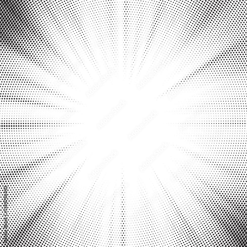 Poster Halftone gradient sun rays pattern. Abstract halftone vector dots background. monochrome dots pattern. Vector background in comic book style with sunburst rays and halftone. Retro pop art design.