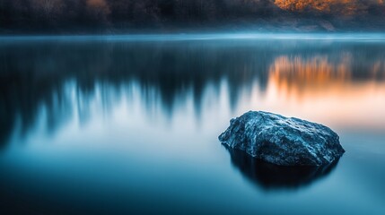 Naklejka premium Serene Lake Rock: Misty Dawn Reflection in Tranquil Blue
