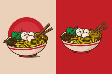 noodle and meatball food logo design