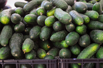 Cucumbers on market counter in wicker basket