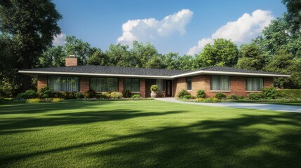 Obraz premium Large one-story family home with double front doors, brick columns, and wide lawn