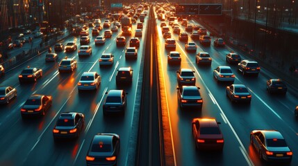 Sunset highway traffic jam, many cars commute