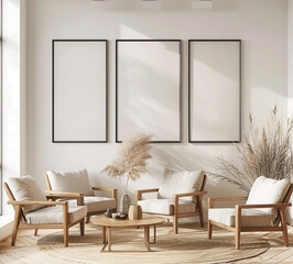 Modern Living Room with Three Black Frame Wall Art Mockups