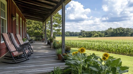 Fototapeta premium Long front porch of a rural house overlooking a field of tall corn and sunflowers