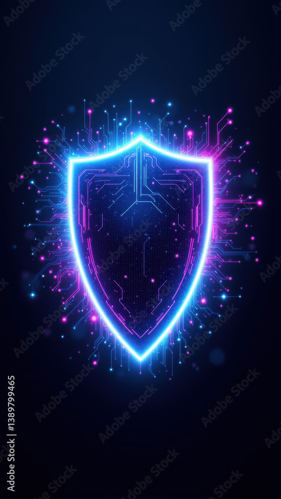 Poster shield emblem with cyber elements representing online security.