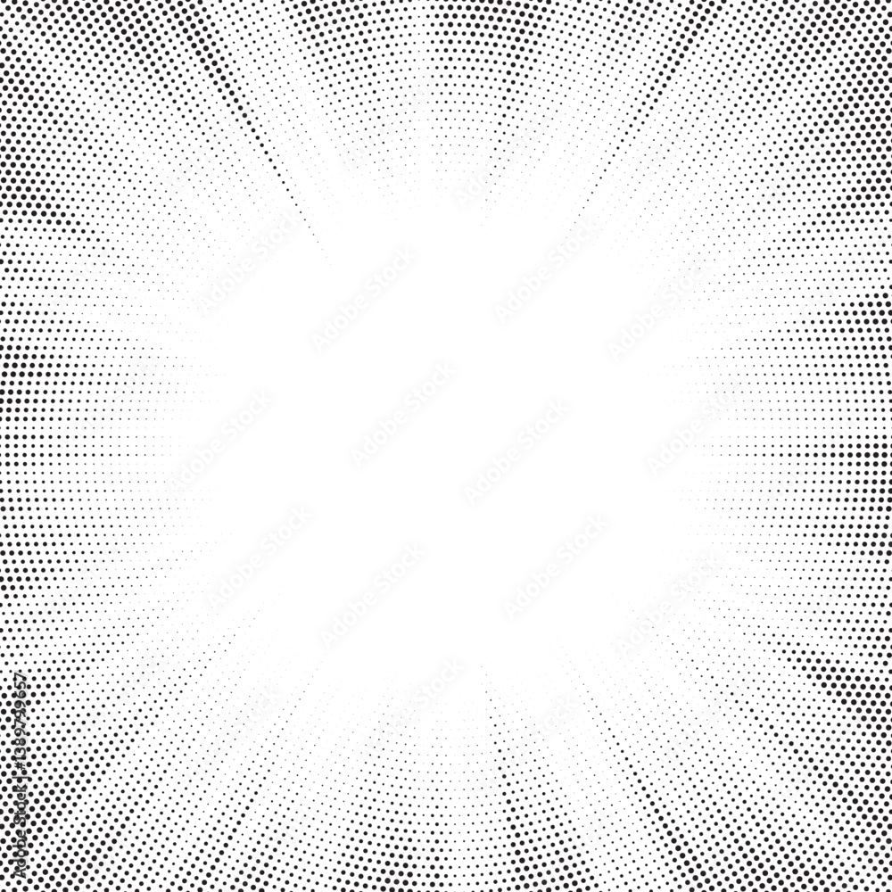 Poster Halftone gradient sun rays pattern. abstract halftone vector dots background. monochrome dots pattern. pop art, comic small dots. star rays halftone poster. shine, explosion. sunrise rays background.