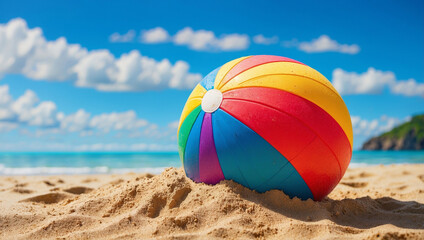 Obraz premium A Colorful Beach Ball on the Sand with Blue Ocean in the Background