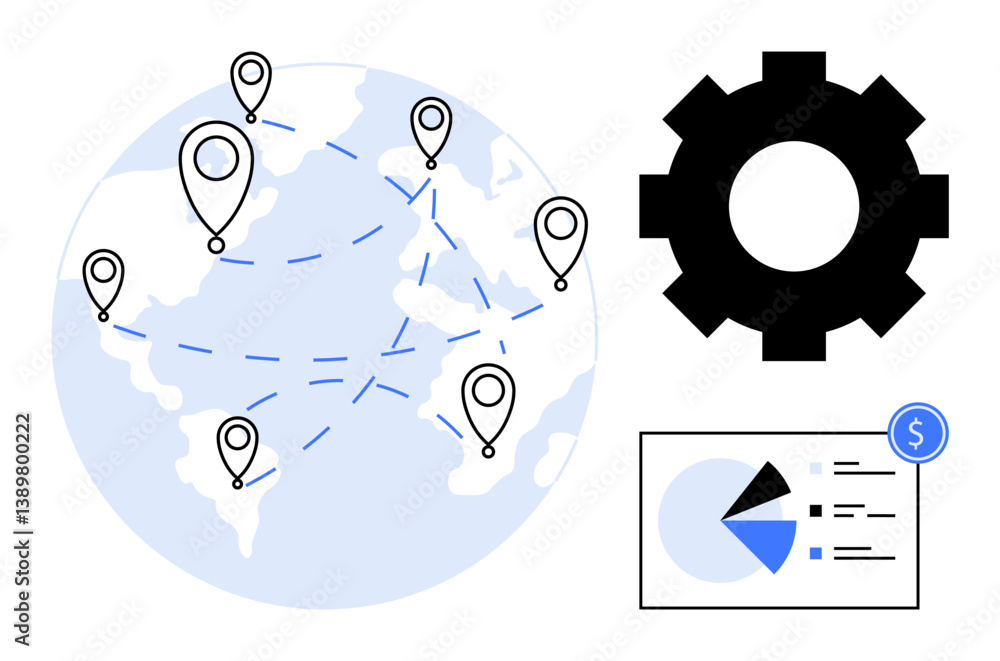 Poster globe with location markers connected by lines, gear for settings, and chart analyzing financial dat