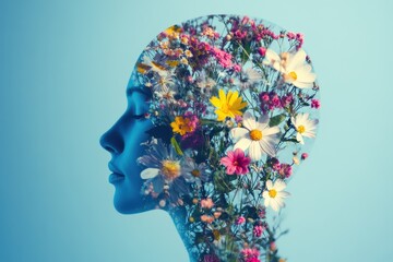 Silhouette with floral overlay on blue background.