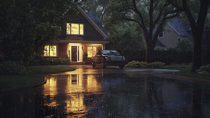 Obraz premium Rainy suburban house with warm lights reflecting on wet driveway