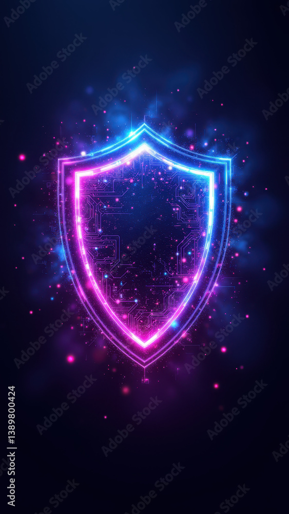 Aufkleber cybersecurity digital shield with vibrant particles against a gradient background.