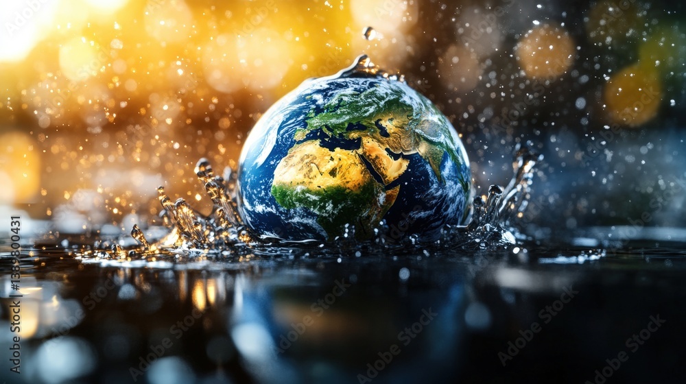 Poster earth submerged in water with splashes showcased against a dreamy bokeh background of blended warm a