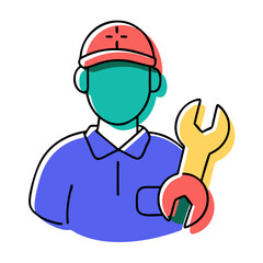 worker representation, construction worker character, with wrench isolated on transparent white background, vector illustrations, png, svg. 