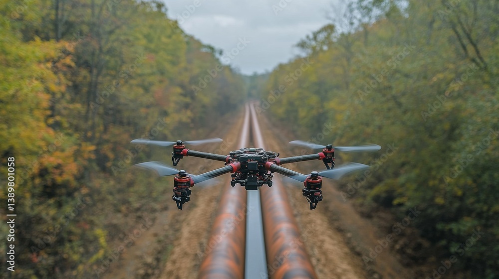 Leinwandbilder a drone hovers above a pipeline surrounded by trees, capturing aerial views for monitoring and inspe