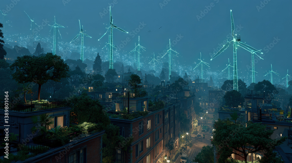 Poster futuristic cityscape features glowing wind turbines illuminating night sky, surrounded by lush green