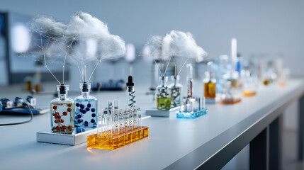 clean laboratory bench displays futuristic medicine containers with digital cloud interfaces, showcasing advanced technology and innovation in sterile environment