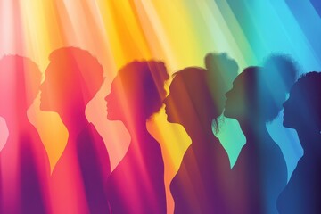Silhouettes of diverse people in vibrant rainbow light.