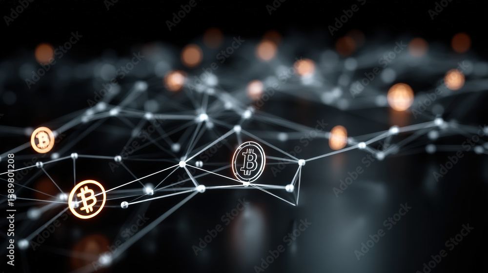 Poster glowing digital blockchain network with interconnected nodes and bitcoin symbols represents concept 