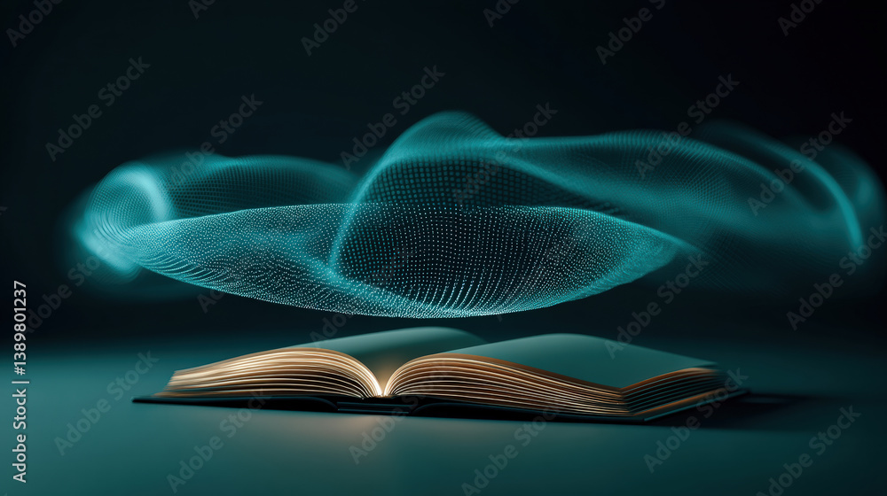 Aufkleber open book with glowing digital wave patterns floating above it, symbolizing fusion of technology and literature. scene is set against dark background, creating mystical atmosphere
