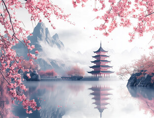 Japanese, Pagoda, Wallpaper, Fuji, lake, mountain, landscape, water color
