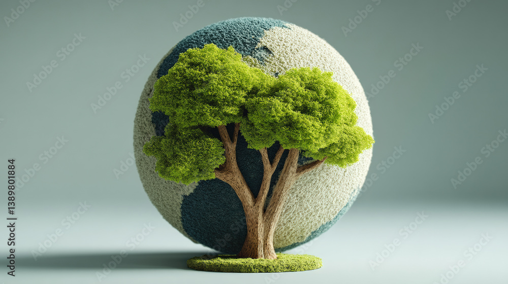 Poster globe with textured surface and vibrant green tree in front symbolizes environmental conservation and global ecology. soft shadows add depth to serene composition