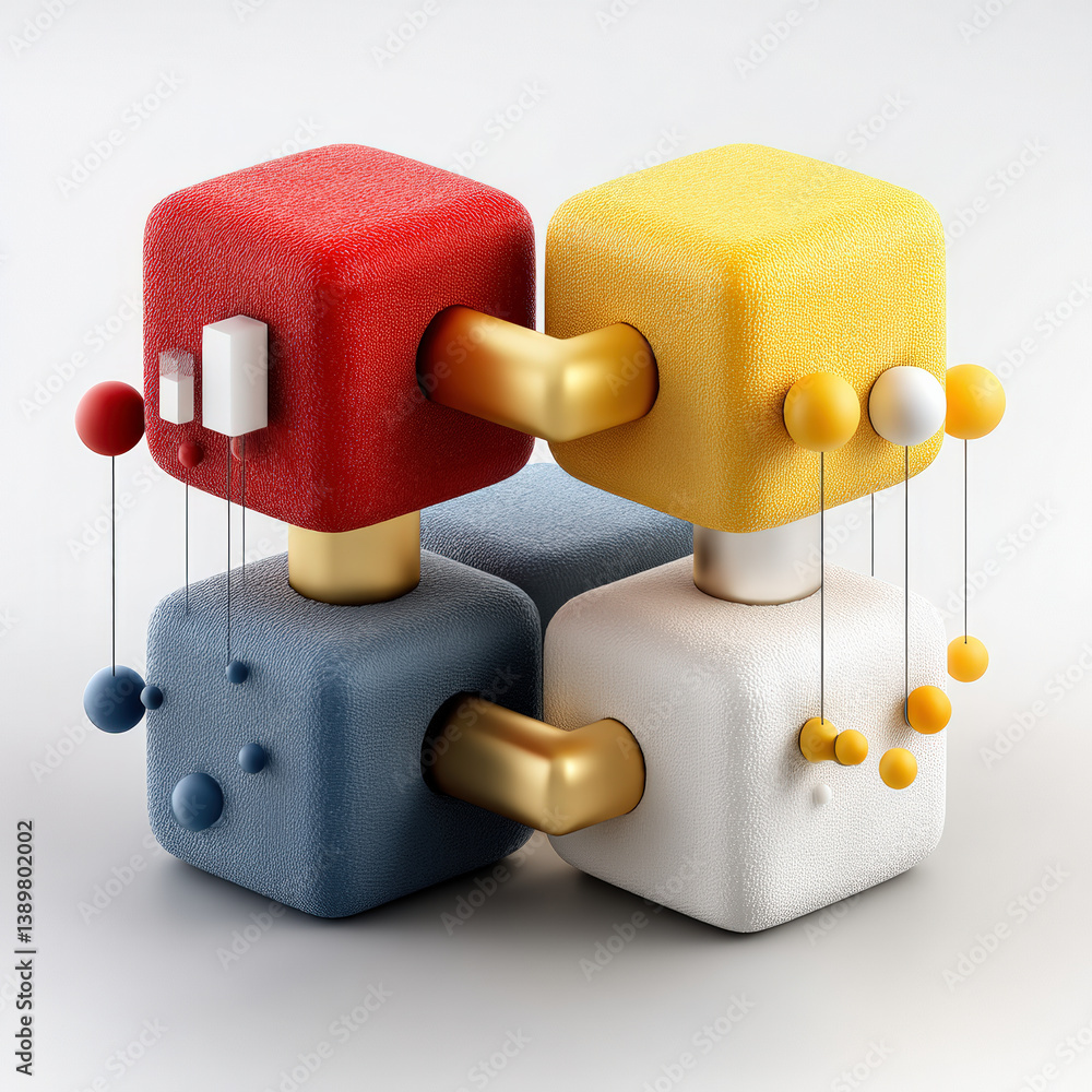 Poster 3d abstract sculpture features four textured cubes in red, yellow, blue, and white, connected by gol