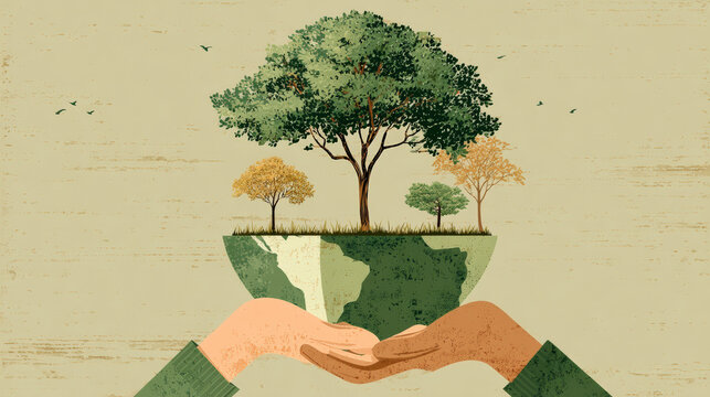 pair of hands gently holds floating piece of earth with trees, symbolizing environmental care and sustainability. illustration conveys message of eco friendliness and conservation