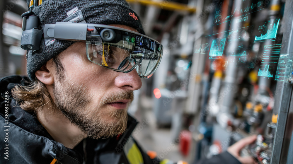 Poster person wearing augmented reality glasses is closely monitoring data in industrial setting, showcasin