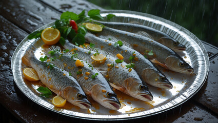 Freshly Prepared Fish On A Silver Platter Garnished With Lemon And Herbs