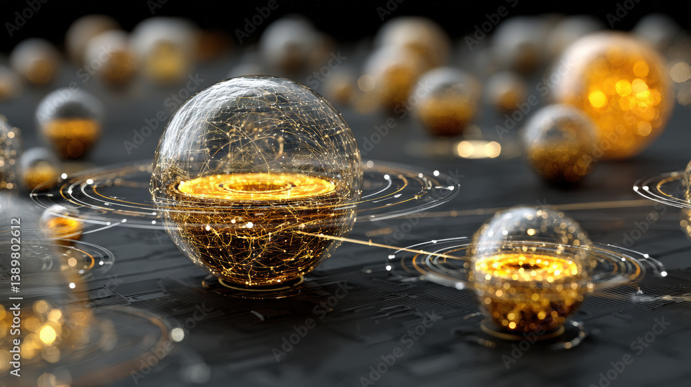 Poster collection of glowing abstract spheres interconnected by intricate lines, symbolizing blockchain technology, floats over dark surface, creating futuristic and dynamic scene