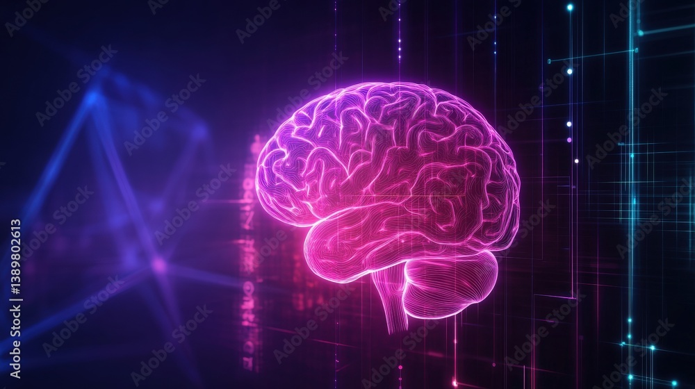 Poster translucent pink and purple digital human brain rende with dark background and light streaks creatin