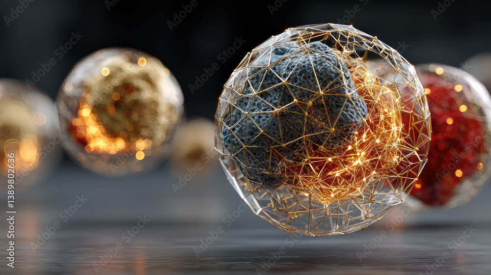 Poster Abstract spheres with glowing wireframe structures float in dark space, creating futuristic and dynamic atmosphere. intricate design and vibrant colors evoke sense of innovation and technology