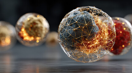 Abstract spheres with glowing wireframe structures float in dark space, creating futuristic and dynamic atmosphere. intricate design and vibrant colors evoke sense of innovation and technology