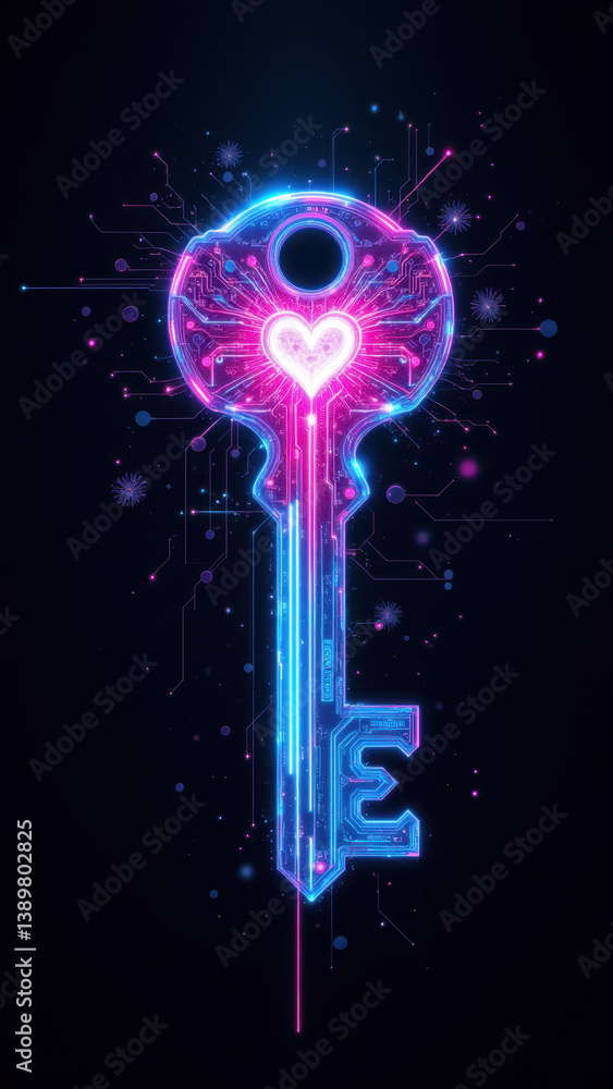 Poster a digital illustration featuring a vibrant key with cybernetic elements and digital code floating ar